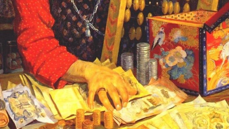 Борис Кустодиев. Купец, считающий деньги (фрагмент). 1918
