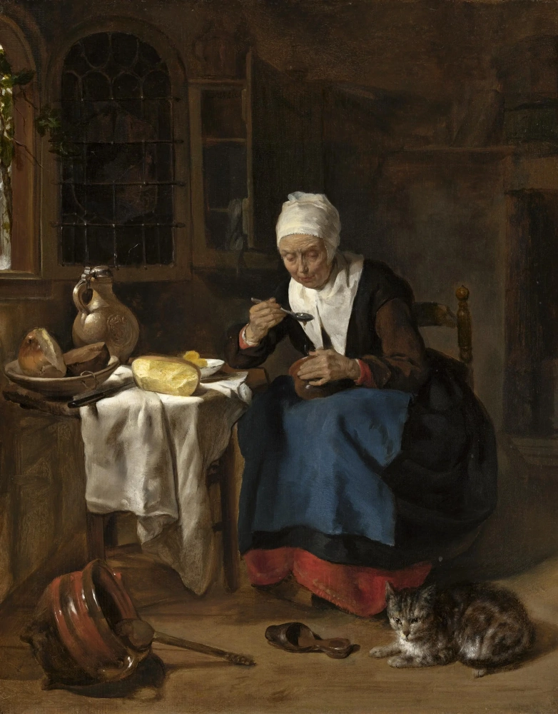 Габриель Метсю. Пожилая женщина ест кашу. 1657