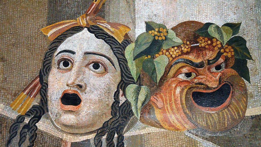 Античные маски трагедии и комедии. Римская мозаика. II век