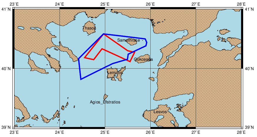 Районы греческих (синий) и турецких (красный) учений на севере Эгейского моря