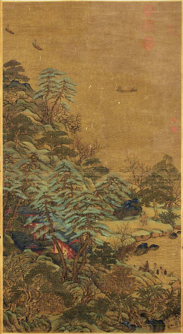 Ли Сысюнь. Плывущие лодки и дворец на берегу реки. VIII в. н. э