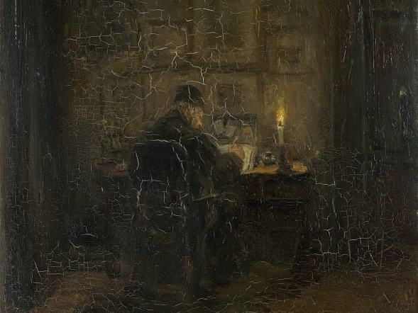 Йозеф Исраэлс. Старик, пишущий при свете свечи (фрагмент)