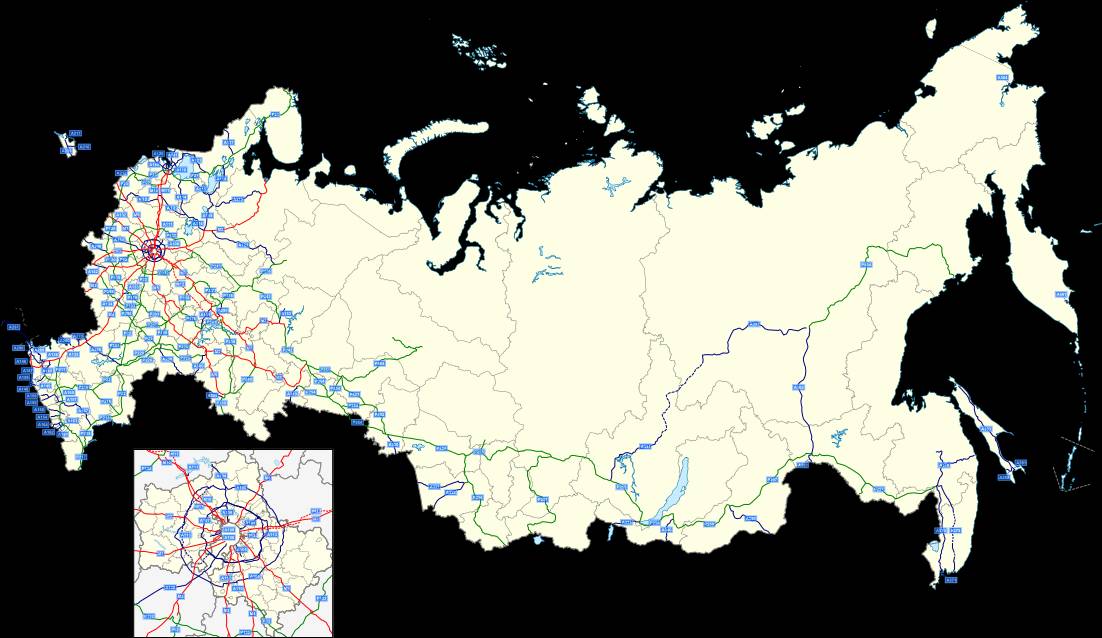 Карта автомобильных дорог России федерального значения с картой-врезкой Москвы и Московской области