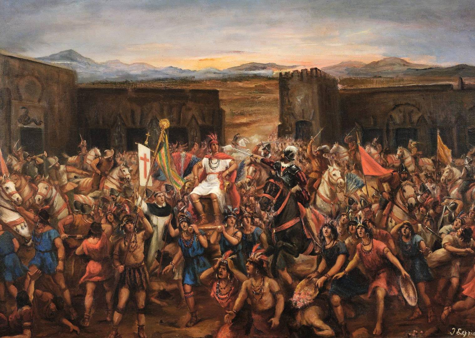 Пленение Атауальпы в Кахамарке (битва при Кахамарке) и испанское завоевание империи инков в 1532 году. Хуан Лепиани. 1920–1927 гг.