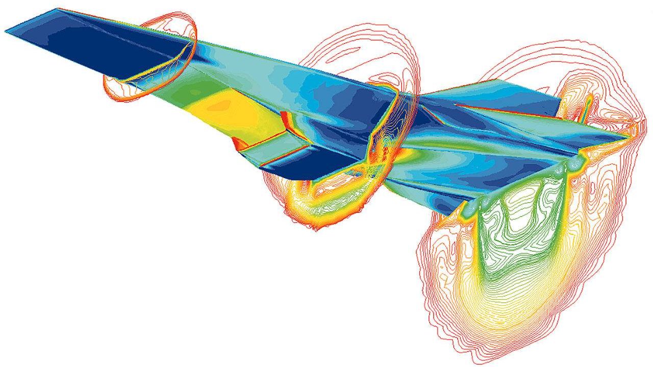 Изображение моделирования воздушного потока вокруг гиперзвуковой ракеты