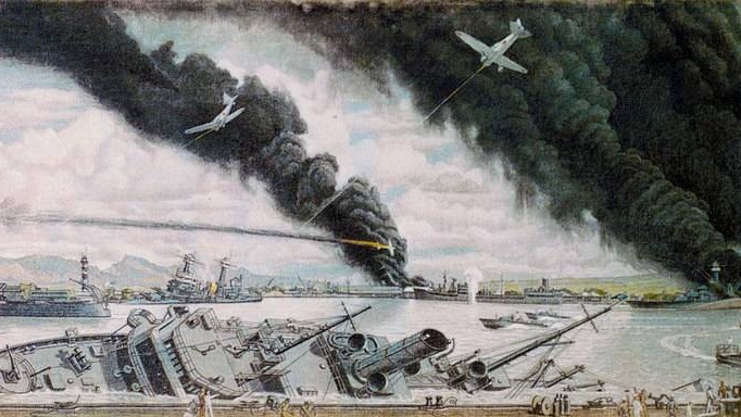 Рисунок Г. Коула. Японская атака на Пёрл-Харбор., 1944 год