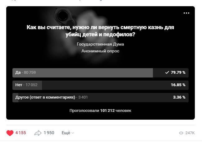 Опрос в соцсети «ВКонтакте» на странице ГД РФ