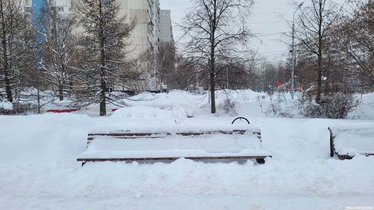 Москва днем 27 января. Лавочка в снегу