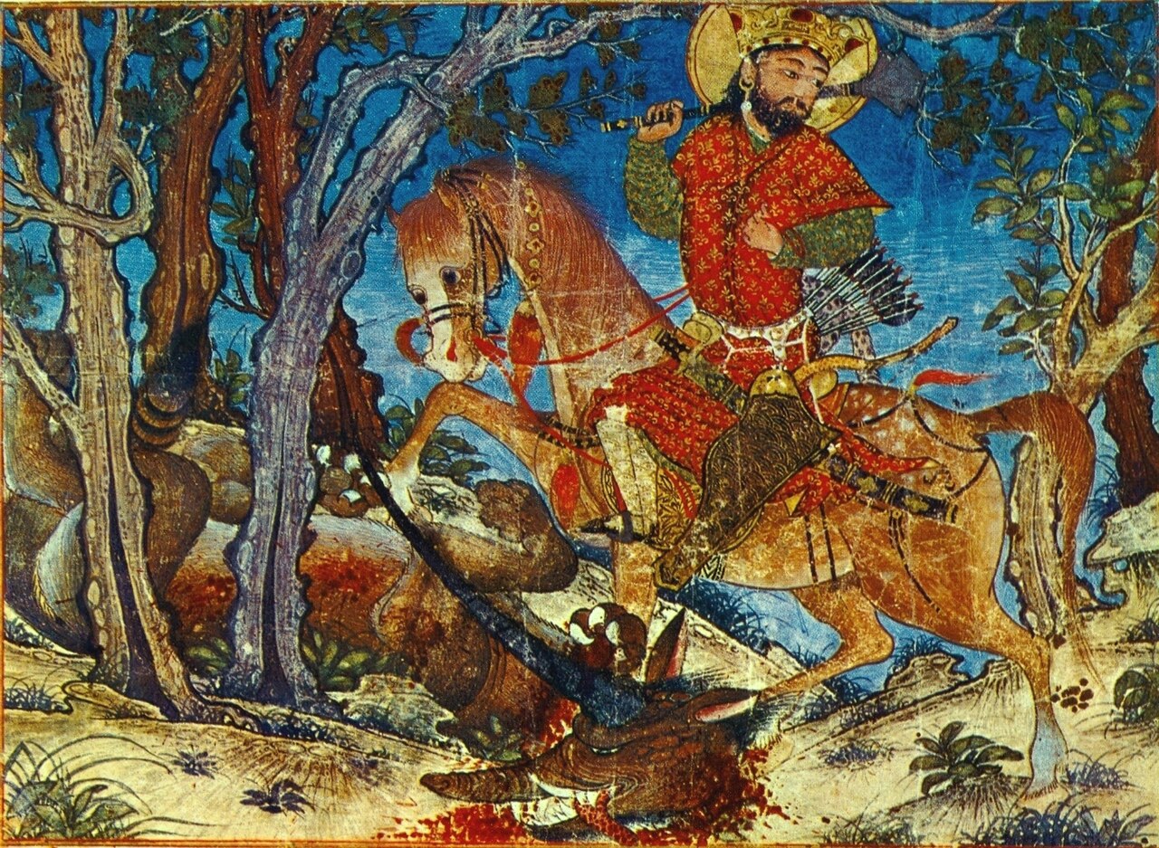 Бахрам Гур, убивший волка. Миниатюра. «Шахнаме Демотта». 1328–1336 годы