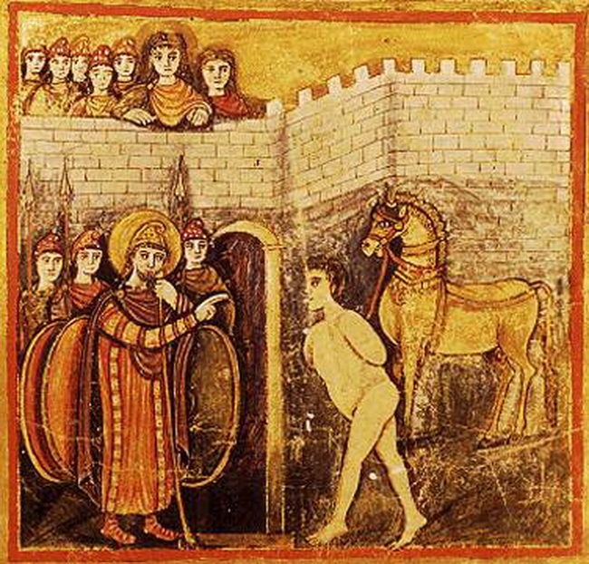 Троянский конь. Миниатюра из рукописи Vergilius Romanus. V в. н. э.