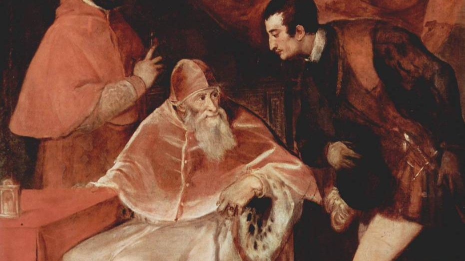 Портрет Папы Павла III с кардиналом Алессандро Фарнезе и герцогом Оттавио Фарнезе (фрагмент). Тициан. 1546 г.