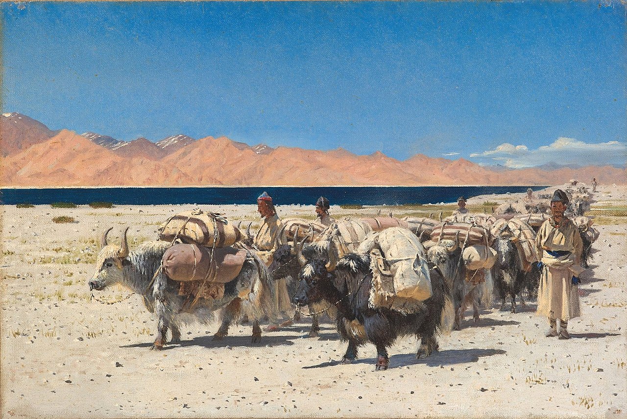 Василий Верещагин. Караван яков, нагруженных солью, около озера Цо-Морари, на границе Западного Тибета. 1875