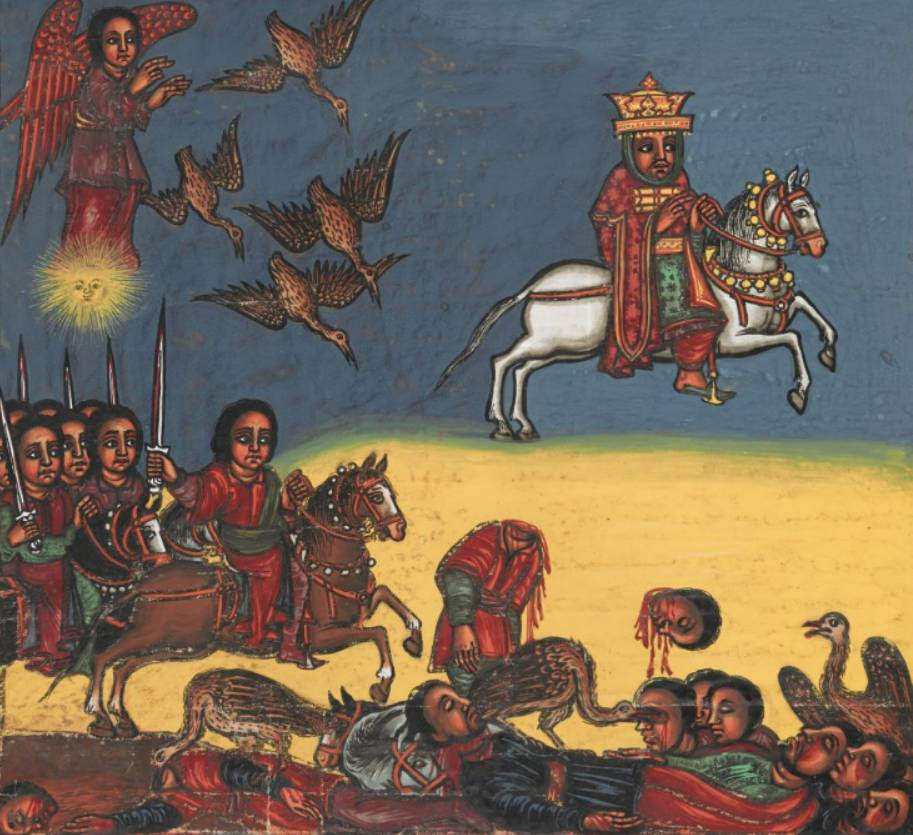 Эфиопские воины из Гондэра расправляются с мятежными региональными правителями и скармливают их стервятникам. Неизвестный художник, XVIII век