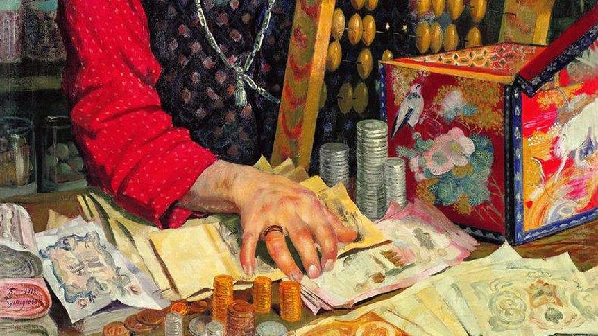 Борис Кустодиев. Купец, считающий деньги (фрагмент). 1918 год