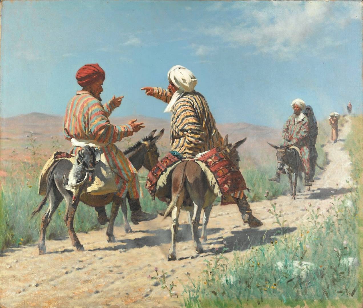 Василий Верещагин. Мулла Керим и мулла Рахим по дороге на базар ссорятся. 1873