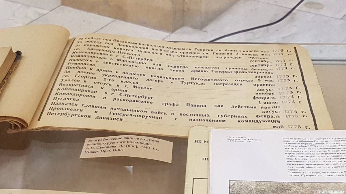 Биографические данные о службе великого полководца А.В.Суворова. Л., 1940