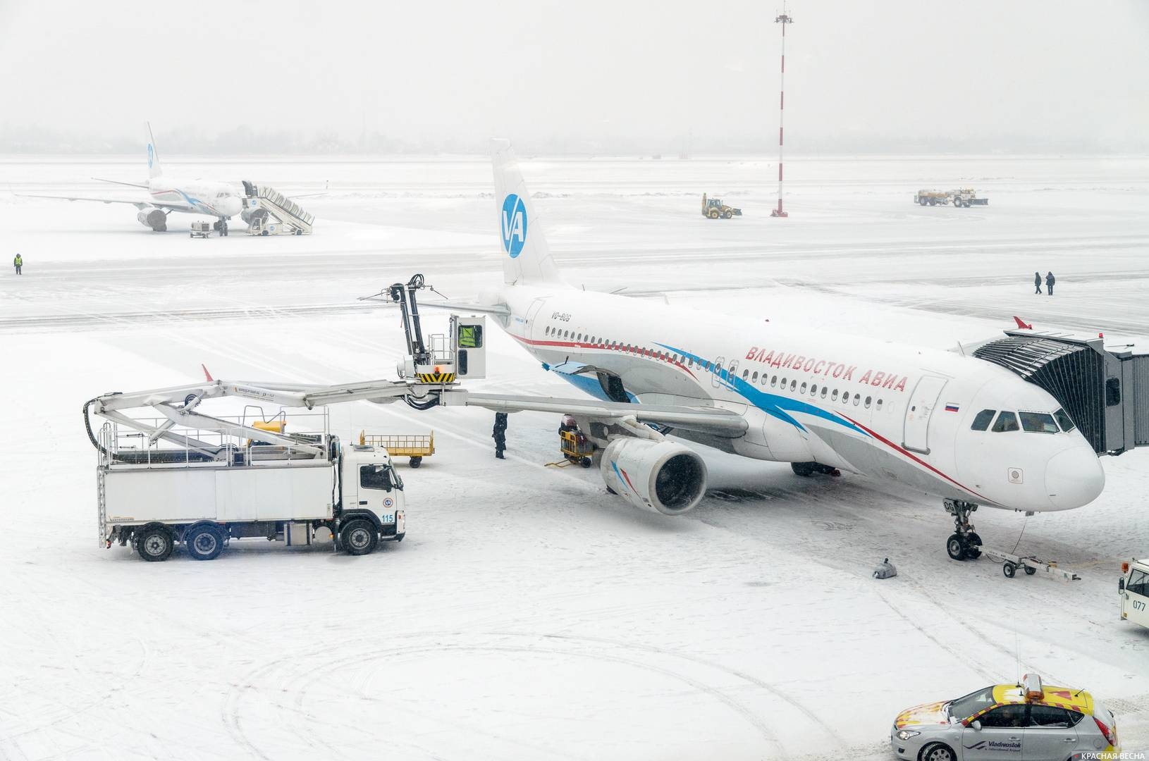 Подготовка самолёта Airbus 320 к вылету во время снегопада в аэропорту Владивосток
