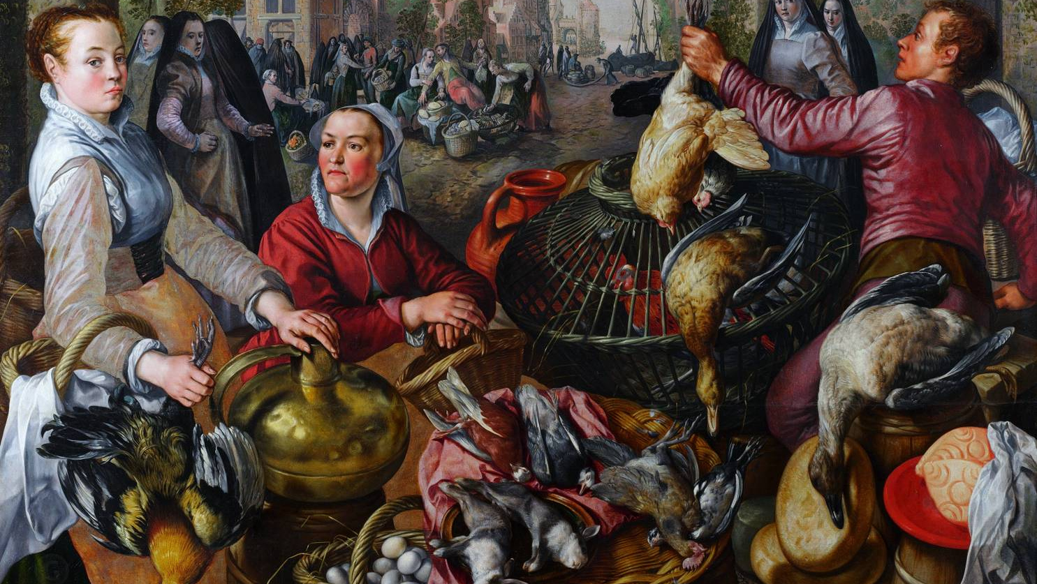 Иоахим Бейкелар. Четыре стихии: Воздух. Рынок мяса птицы со сценой возвращения блудного сына на заднем плане. 1570