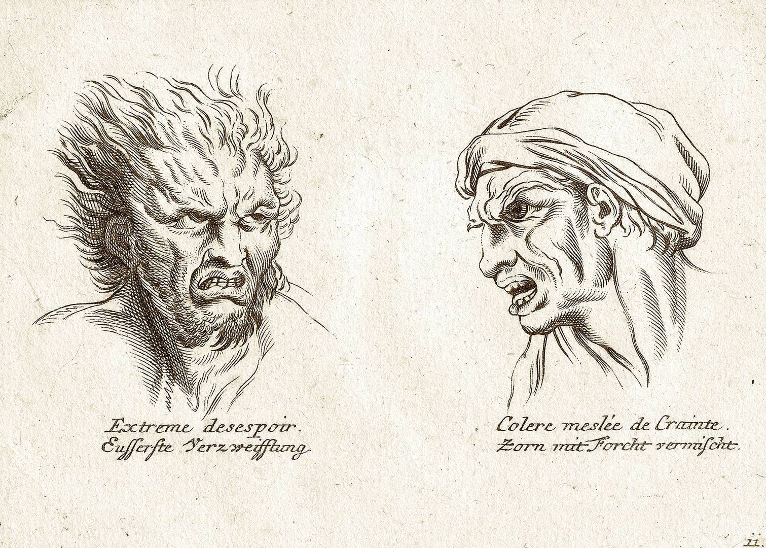 Эскизы художника, которые показывают два типа экстремальных эмоций; правая иллюстрация показывает ярость, смешанную со страхом