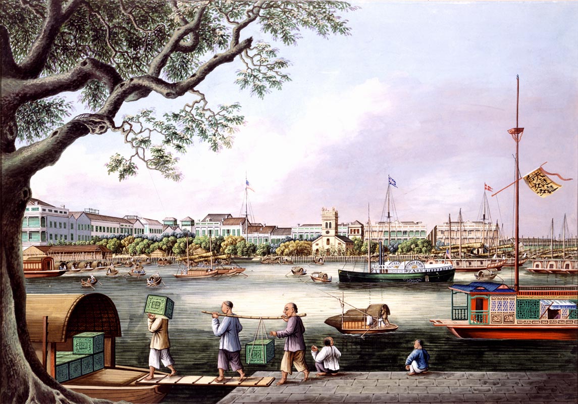 Набережная Кантона изображена с острова Хонам. около 1852 года.