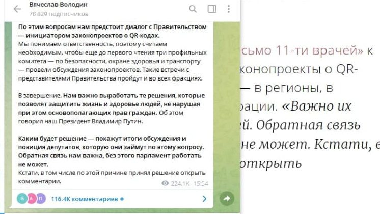 Скриншот Telegram-канала Вячеслава Володина