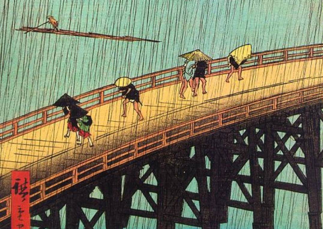 Утагава Хиросигэ. Внезапный летний ливень над мостом Охами в Атакэ (фрагмент). 1857