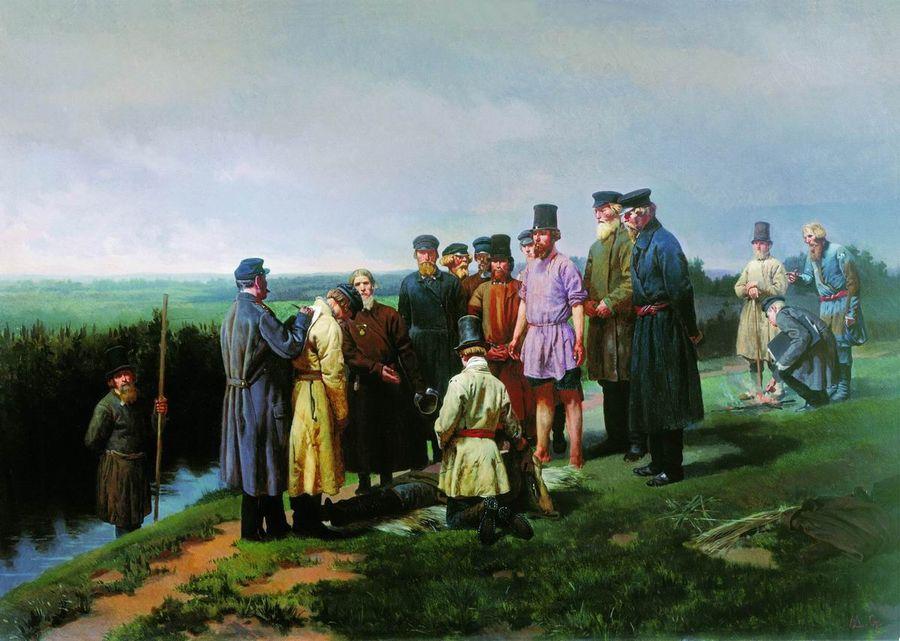 Николай Дмитриев-Оренбургский. Утопленник в деревне. 1868