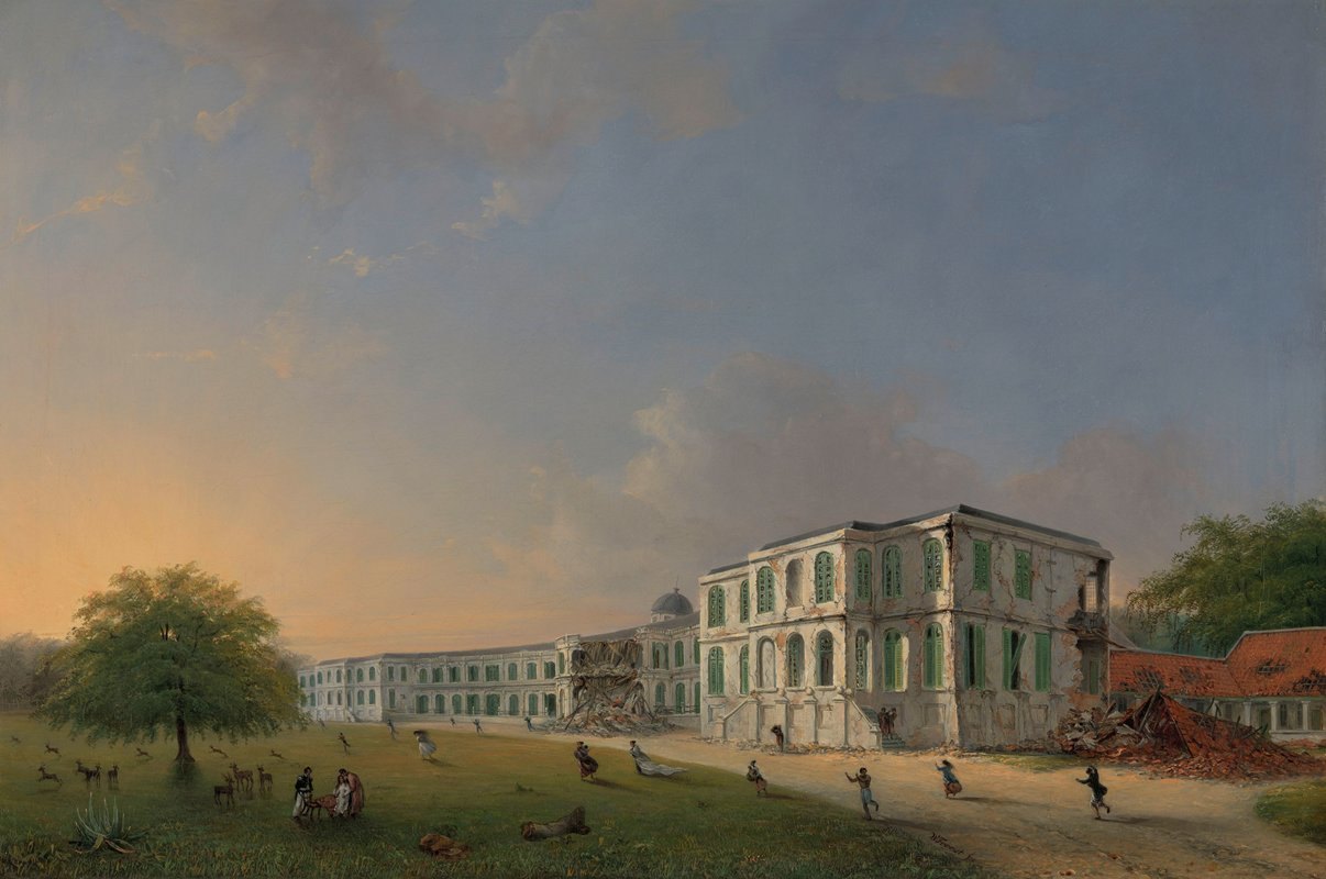 Виллем Трост. Фронтальный вид Богорского дворца во время землетрясения 10 октября 1834 года. 1834-1836
