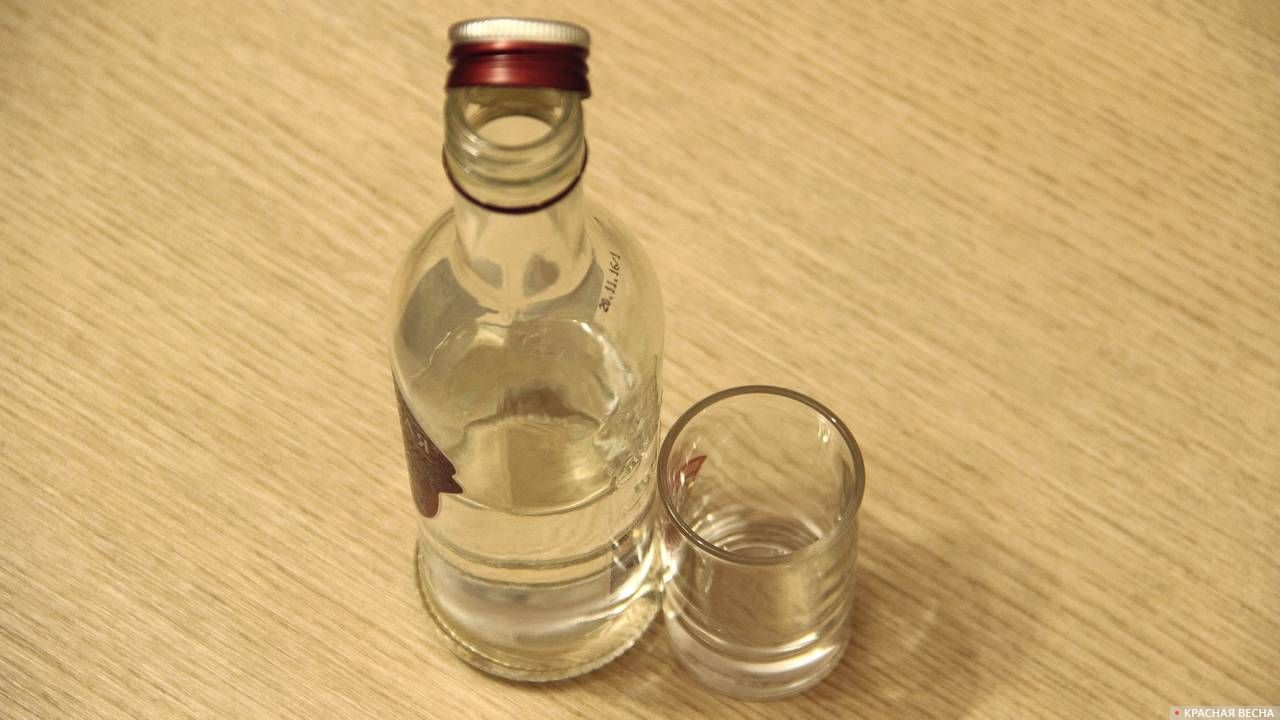 Бутылка водки и рюмка на столе
