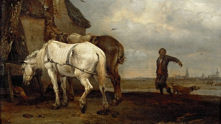Пауль Питерс Поттер. Рабочие лошади у крестьянского дома (фрагмент). 1649