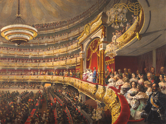 М. Зичи. Зрительный зал в день открытия Большого театра во время визита императора Александра II. 1856 г.