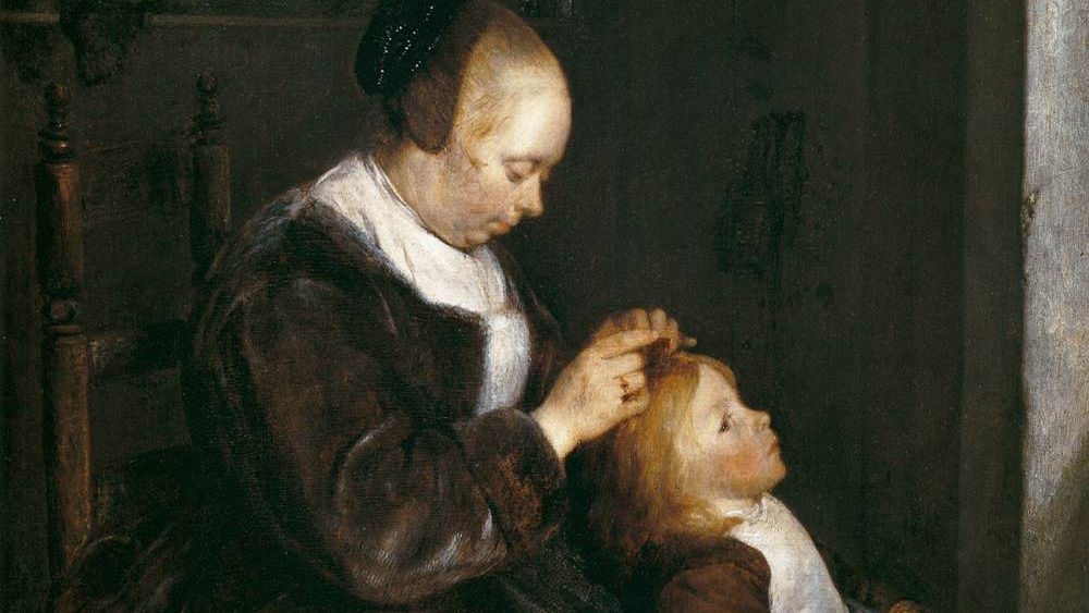 Герард Терборх Младший. Мать, расчесывающая волосы ребенка. ок.1652-1653