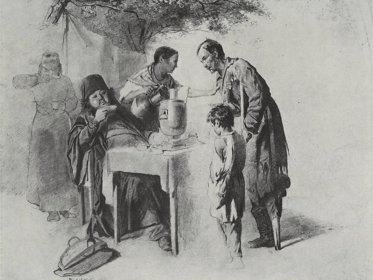 Василий Перов. Чаепитие в Мытищах, близ Москвы. Фрагмент эскиза. 1862