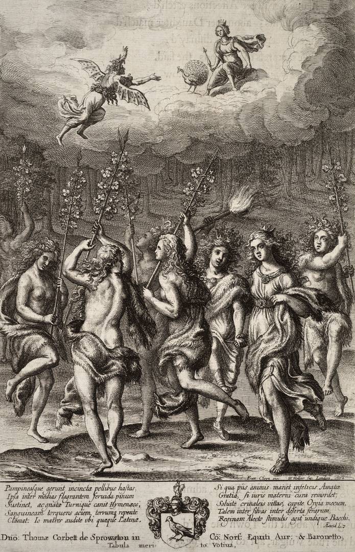 Вацлав Холлар. Царица Амата и ее дочь Лавиния танцуют. Алекто летит к Юноне, сидящей на облаке с павлином и наблюдающей за танцем. 1652