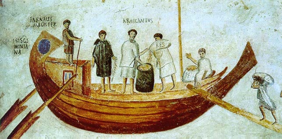 Римский торговый корабль. Фреска из Остии, II–III вв. н. э.
