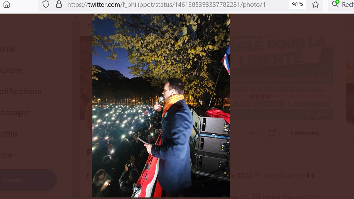 Манифестация у посольства Австрии в Париже 18 ноября 2021 года. Скриншот страницы Twitter главы партии Les Patriotes Флориана Филиппо
