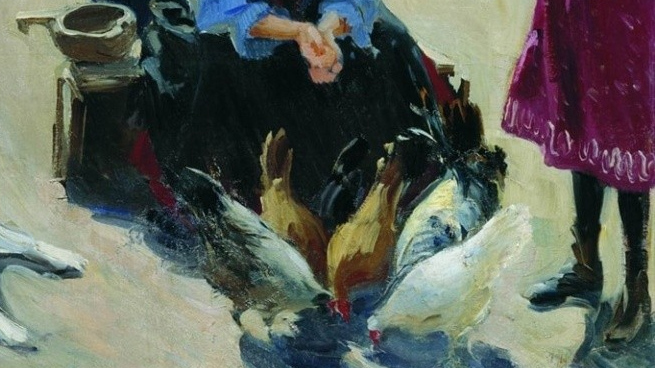 Иван Куликов. Кормление кур (фрагмент). 1907