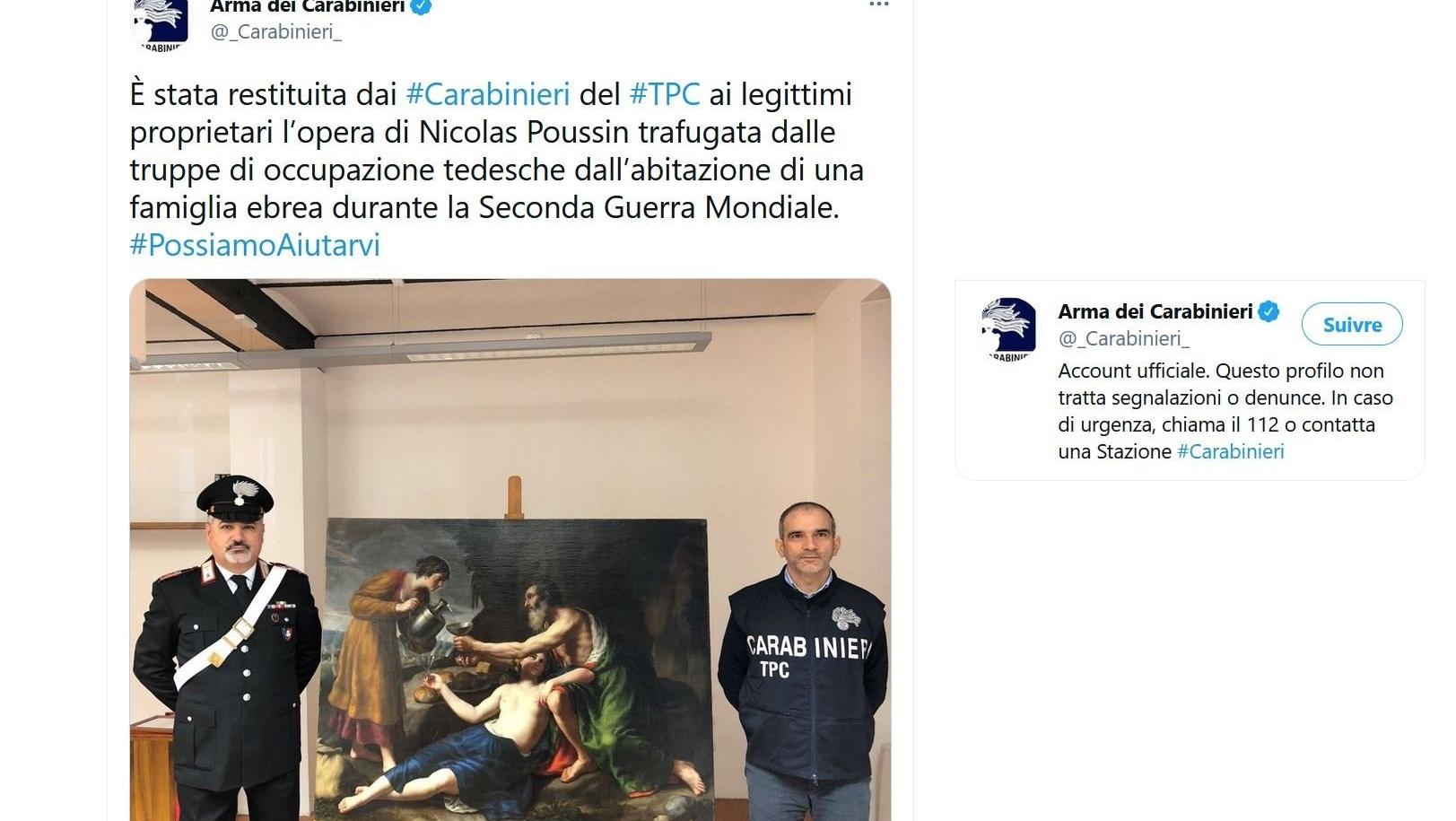 Скриншот страницы Twitter Arma dei Carabinieri
