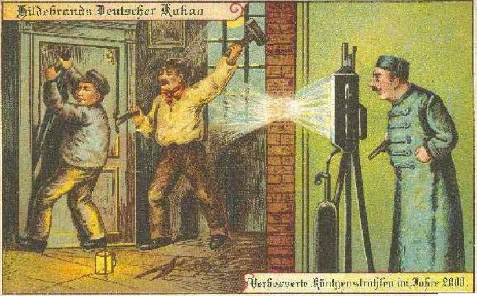Полицейское наблюдение за вандалами сквозь стену. Немецкая открытка из серии «Будущее». 1910