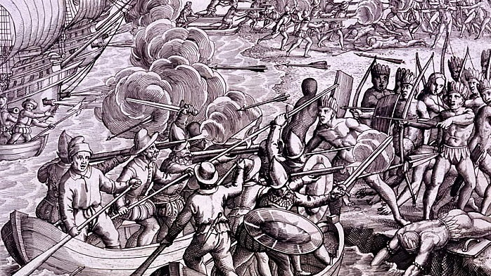 Теодор де Брай. Высадка испанцев на Гаити и убийства местных жителей. XVI