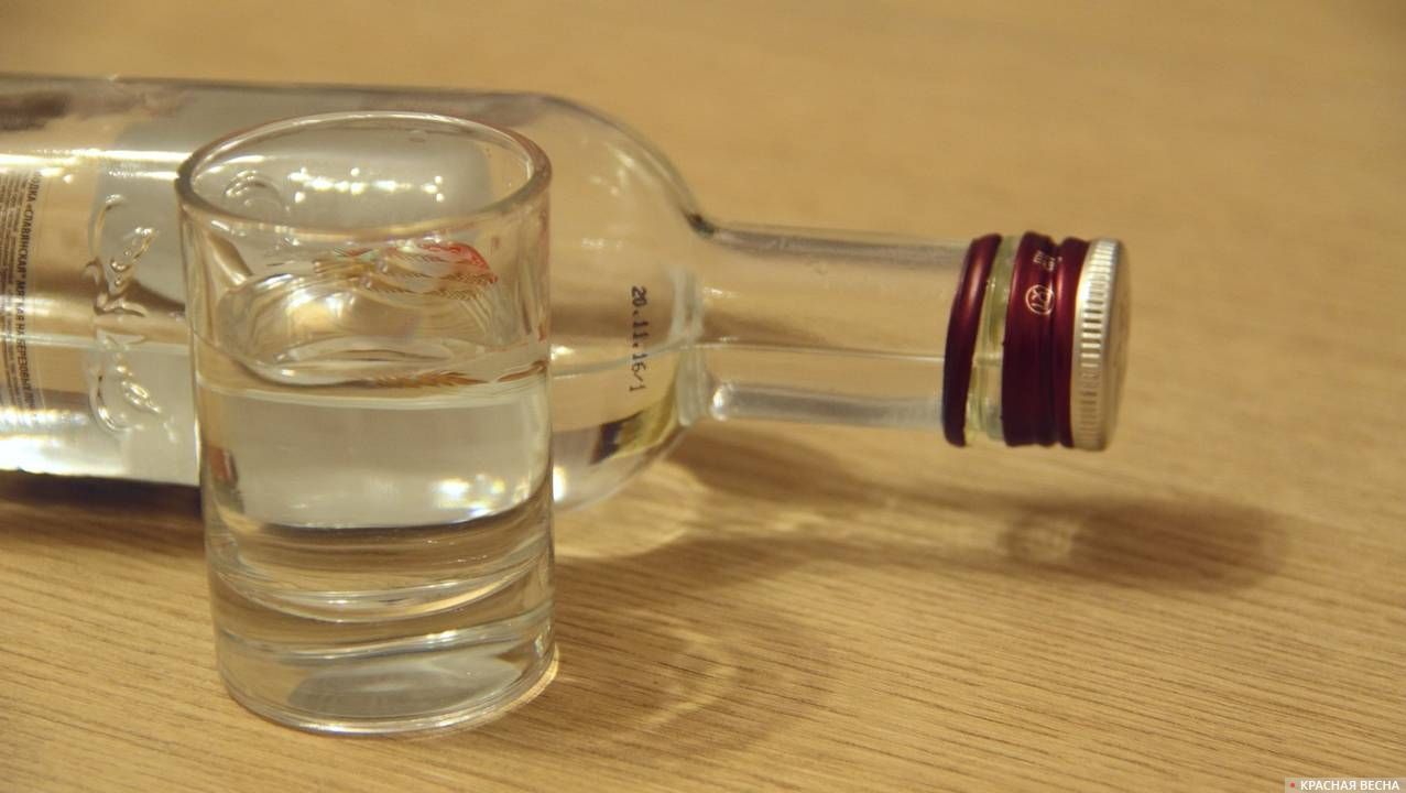 Бутылка водки и рюмка на столе