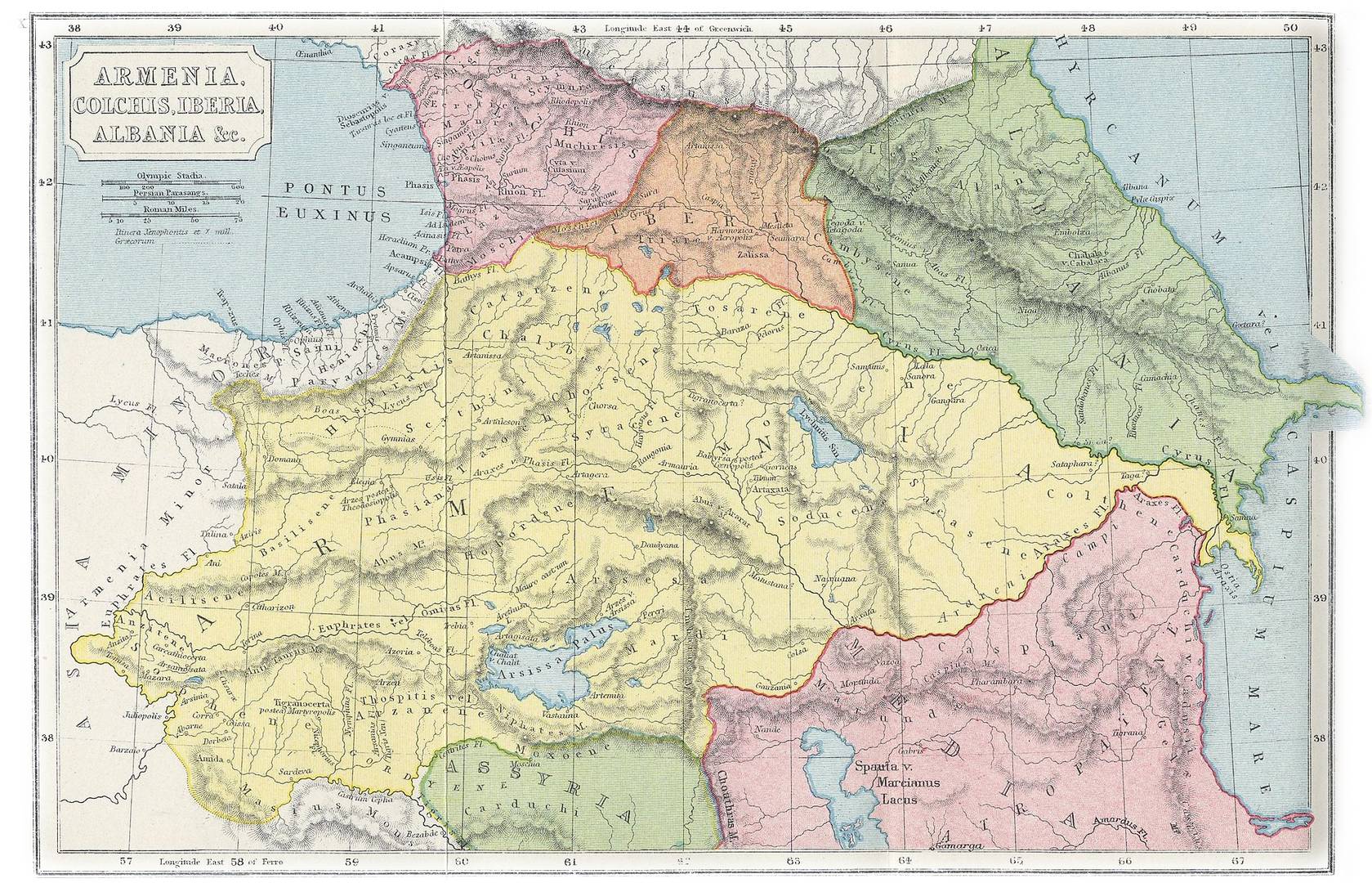 Карта «Армения, Колхида, Иберия, Албания и пр.» Из «Атласа классической и античной географии» Самуэля Батлера. XIX век