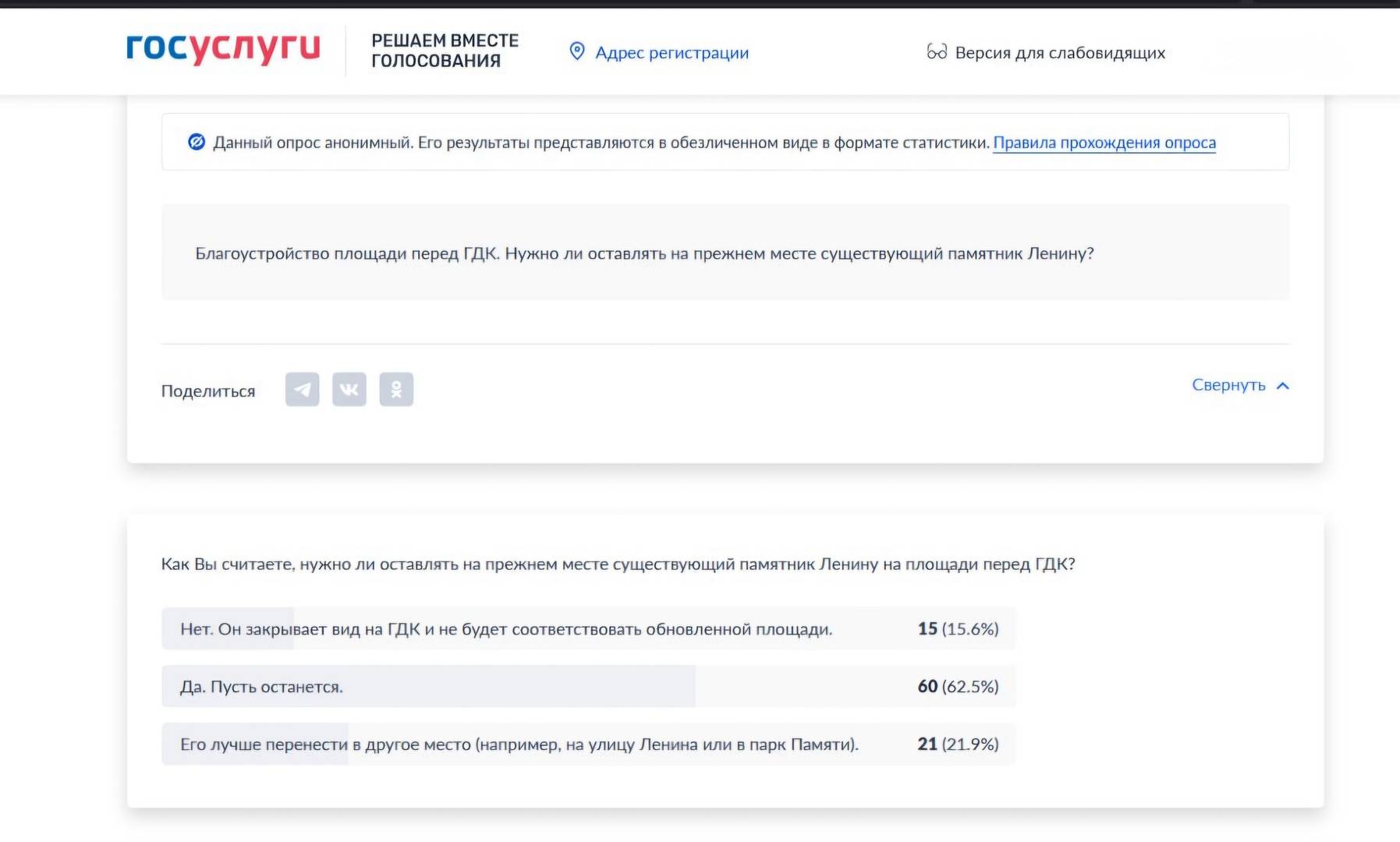 Данные опроса о возможном переносе памятника В. И. Ленину на 25 марта 2026 года