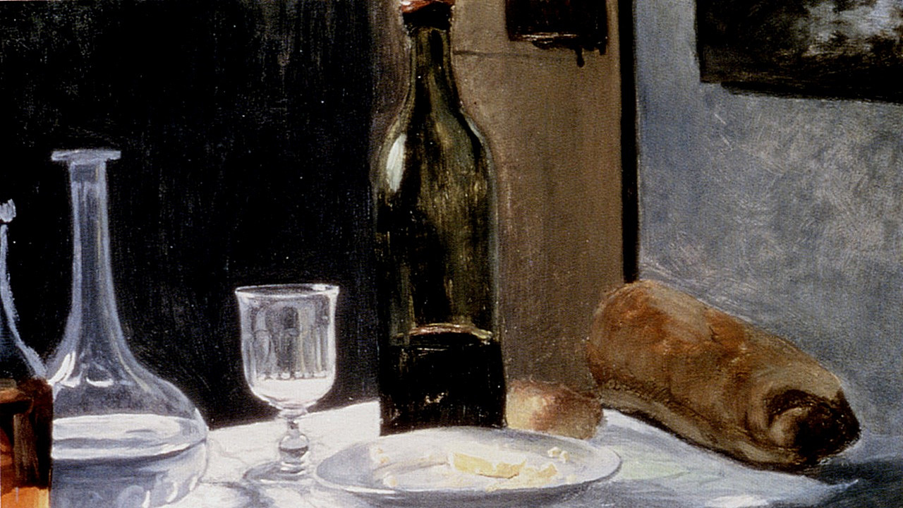 Клод Моне. Натюрморт с бутылкой, графином, хлебом и вином. 1862 год