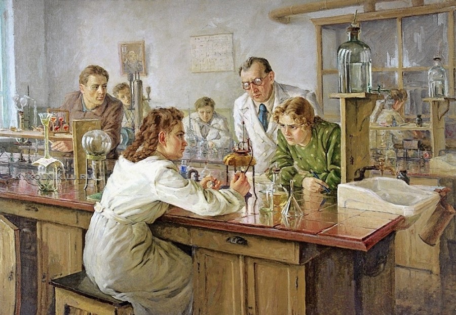 Н. И. Ульянов. Выполнение тестов в лаборатории. 1951