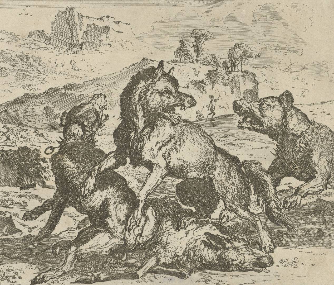 Абрахам Даниельсон Хондиус. Волк нападает на собак. 1672