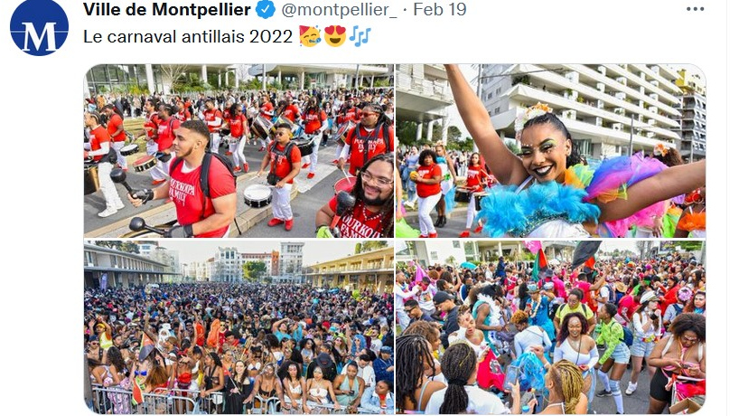 Скриншот страницы Twitter мэрии города Монпелье с фотографиями прошедшего 19 февраля 2022 года карибского карнавала.
