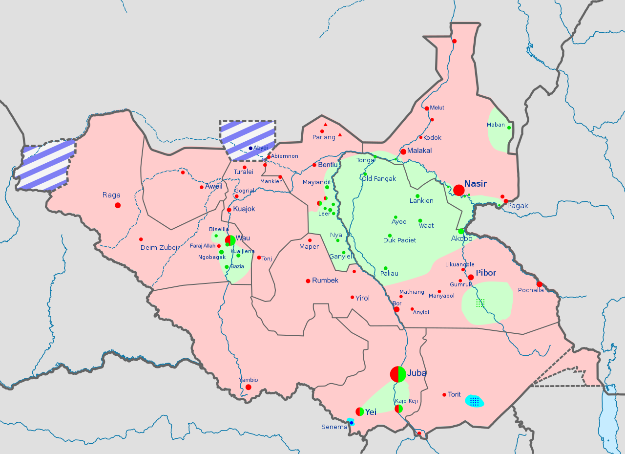 Карта гражданской войны в Южном Судане, территории нуэр и динка в 2016 году