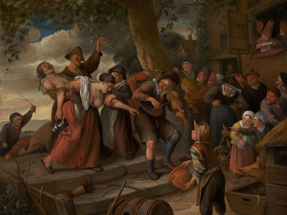 Ян Стен. Пьяная женщина (Если ты свинья, то должна быть в хлеву, фрагмент). 1662