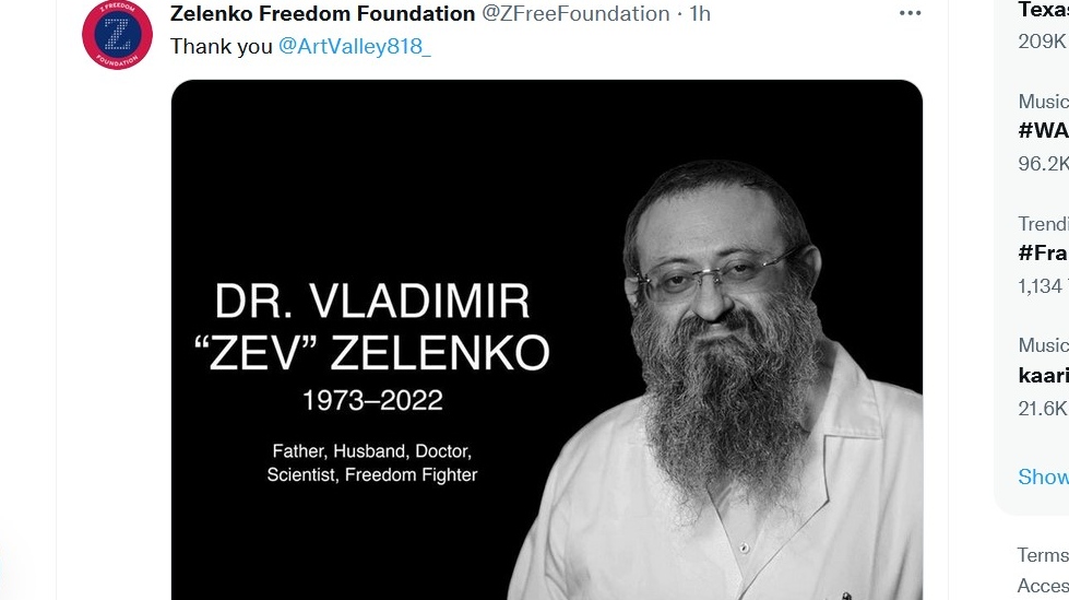 Скриншот страницы Twitter Zelenko Freedom Foundation с известием о смерти доктора Владимира Зеленко.
